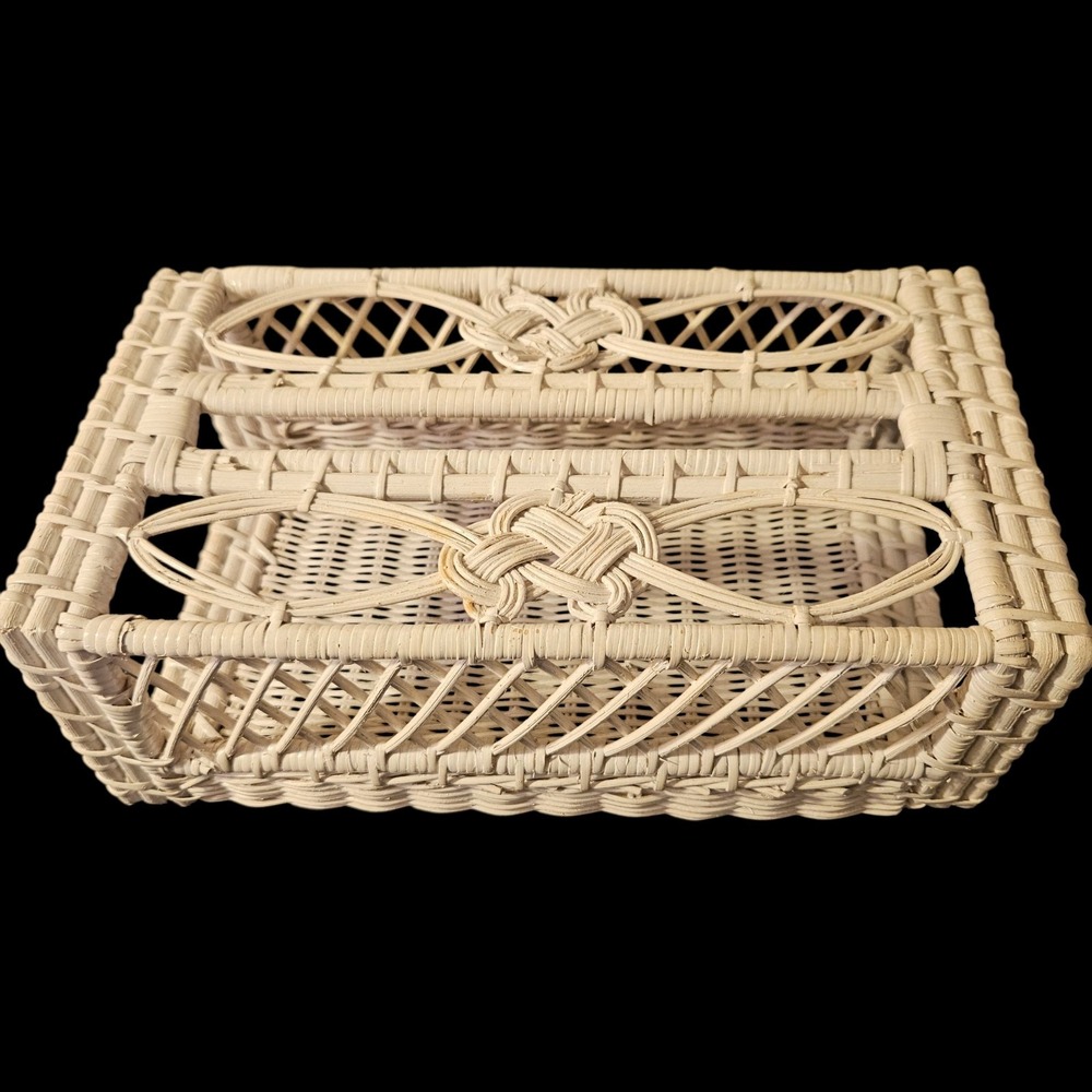 Vintage Woven White Wicker & Rattan Tissue Box Cover Rectangle Shaped